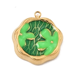 Green 304 Stainless Steel Pendants, with Enamel, Round with Flower Charms, Golden, Green, 19x17x3mm, Hole: 1.2mm