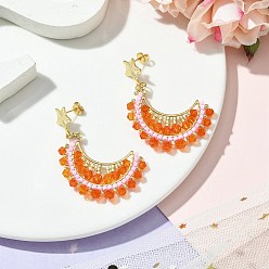 Оранжевый Луна ручной работы стеклянные бусины серьги-гвоздики подвески, с 316 штифтов из нержавеющей стали, золотые, оранжевые, 47x32 мм