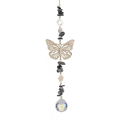 Tiger Eye Butterfly Brass Pendant Decorations, with Glass Pendants and Tiger Eye Beads, 315mm