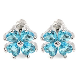 Светло-Голубой Серьги-гвоздики клевер с кубическим цирконием, стеллаж для латунных украшений для женщин, платина, Небесно-голубой, 10x10 мм
