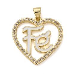 Белый Латунные микро проложить кубического циркония подвески, с эмалью, долговечный, без свинца и без кадмия, стойки покрытие, реальный 18 k позолоченный, сердце со словом fe charm, белые, 24x24x2 мм, отверстие : 4x3.5 мм