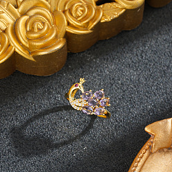 Real 18K Gold Plated Brass Micro Pave Cubic Zirconia Cuff Open Rings for Women, Peacock, Ion Plating(IP), Real 18K Gold Plated, US Size 4 1/4(15~20mm)