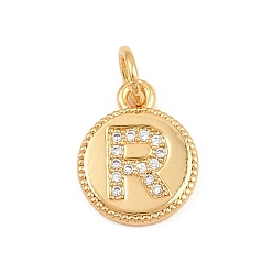 Letter R Breloques en laiton zircon cubique transparent, rond plat avec breloques en forme de lettre, plaqué longue durée, sans plomb et sans cadmium, crémaillère plaquage, réel 18 k plaqué or, lettre r, 12.5x10x1.5mm, Trou: 3mm