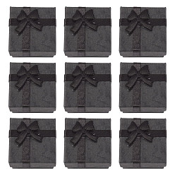 Черный Картонная шкатулка для ювелирных изделий, для ожерелья, кольцо, упаковка серьги, с лентой-бантом снаружи и белой губкой внутри, квадратный, чёрные, 4.25x4.15x2.6 см