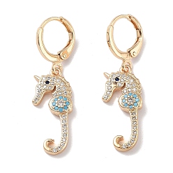 Bleu Clair Boucles d'oreilles pendantes à fermoir à levier en laiton doré, avec zircons, cheval de mer, bleu clair, 36.5x10.5mm