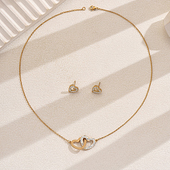 Золотой 201 Комплект из ожерелья и серег в форме сердца со стразами из нержавеющей стали для ежедневного ношения женщинами, золотые