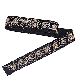 Black Ethnic Style Jacquard Polyester Ribbons, Floral Pattern, Black, 1-5/8 inch(40mm), about 10.00 Yards(9.14m)/Bundle