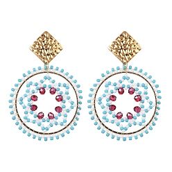 Светло-Голубой Серьги-гвоздики из стеклянного бисера, плоские круглые серьги с узором «звезда Давида», золотые, Небесно-голубой, 60x41 мм