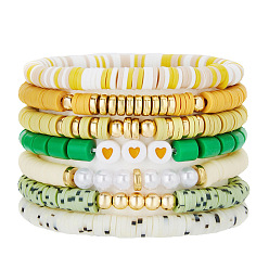 Желтый 7 Набор эластичных браслетов для женщин с узором в виде сердечек из полимерной глины, пластиковых бусин и жемчуга, а также пластиковых бусин CCB., желтые, внутренний диаметр: 2.56~5.12 дюйм (6.5~13 см)
