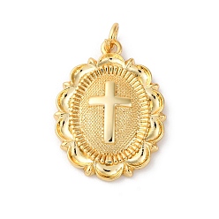 Настоящее золото 18K Латунные подвески с соединительным кольцом, без кадмия, без никеля и без свинца, овальные с крестом, реальный 18 k позолоченный, 20x15x3 мм