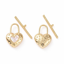 Real 18K Gold Plated Shell Toggle Clasps, with Brass Findings, Heart Lock, Real 18K Gold Plated, Bar: 25.5x4x2mm, Hole: 1.4mm, Heart: 22.5x15x5mm