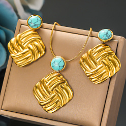 Rhombus 304 ожерелье из нержавеющей стали с подвеской из синтетической бирюзы и серьга-гвоздик, золотые, ромб, 400 мм и 42x30 мм