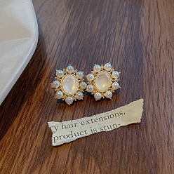 Flower Plastic Imitation Pearl & Resin Stud Earrings, 925 Silver Silver Pin Earrings for Women, Flower, 26x13mm