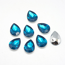Темно-Голубой Акриловый горный хрусталь обратил назад кабошоны, граненые, Дно посеребренные, слеза, глубокое синее небо, 18x13x4.5~4.8 мм