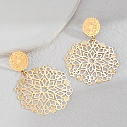 Золотой 304 из нержавеющей стали полые плоские круглые серьги болтаться шпилька, золотые, 70x50 мм