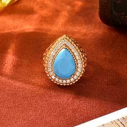 Бирюза Винтажные богемные латунные кольца-манжеты с микропаве из кубического циркония для женщин., слеза, золотые, бирюзовые, регулируемый