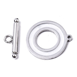 White 201 Stainless Steel Toggle Clasps, with Enamel, Ring, Stainless Steel Color, White, Ring: 22x20x2mm, Hole: 1.5mm, Bar: 21x7x3mm, Hole: 2mm