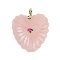 Розовый Кварц Резные подвески из натурального розового кварца, подвески в форме сердца с латунной микрофиброй и фианитами, золотые, 32x30x11.5 мм, отверстие : 6x5.5 мм