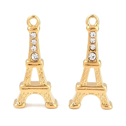 Chapado en Oro Real 18K 304 Colgantes de acero inoxidable y cristales de imitación, encantos de la torre Eiffel, revestimiento de iones (ip), real 18 k chapado en oro, 19x9.5x4.5 mm, agujero: 1.5 mm