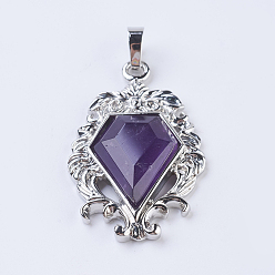 Amethyst Natural Amethyst Pendants, with Brass Findings, Flower with Diamond Shape, Platinum, 41.5x26x7.5~8mm, Hole: 5x7.5~8mm