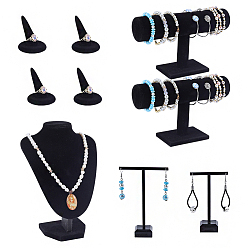 Noir Présentoirs à bijoux, y compris 1 des présentoirs à colliers en velours en forme de buste, 1 Porte-bracelet en velours en forme de T, 2 un porte-boucles d'oreilles en forme de T en acrylique et 4 un porte-bagues conique en résine floquée, noir, 45~232x30~86x47~210mm