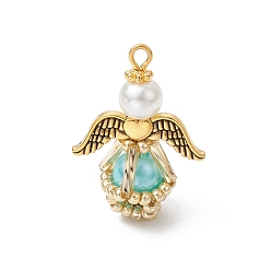 Темно-бирюзовый Стеклянные жемчужины круглые бусины подвески, ангельские прелести, со стеклянными бусинами, крылом из сплава и железной петлей, темные бирюзовый, 27x20x12.5 мм, отверстие : 2 мм