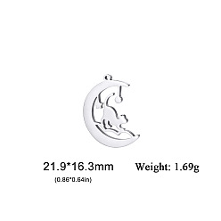 Нержавеющая Сталь Цвет Подвеска из не тускнеющей нержавеющей стали, Луна с кошкой, цвет нержавеющей стали, 21.9x16.3 мм