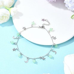 Зеленый 201 браслеты на ногу из латунной цепочки с подвесками в виде луны и звезды из нержавеющей стали и натурального окрашенного малайзийского нефрита, платины и нержавеющая сталь цвет, зелёные, 9-3/8 дюйм (238 мм)