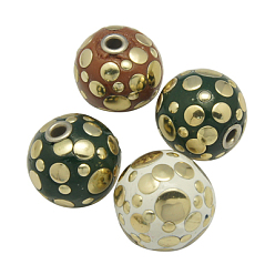 Colorful Handmade Indonesia Beads, with Brass Core, Round, Mixed Color, Size: about 24mm in diameter, hole: 3.8mm.