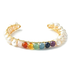 White Natural Pearl Bead & Mixed Gemstone Beads Cuff Bangles for Women Girl Gift, Stone Bangle with Brass Base, White, Inner Diameter: 2.13~2.24 inch(54~57mm)