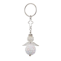 White Seed Beads Keychain, with Iron Split Key Rings and Resin Rhinestone Beads, Angel, White, 9.3cm