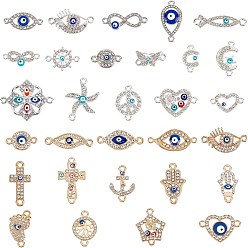 (52) Непрозрачная лаванда Серебряные позолоченные сплавные звенья, с хрустальными стразами и эмалью, сердце с цветком и дурным глазом, разноцветные, 60 шт / коробка