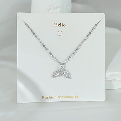 Whale 304 ожерелья с подвесками из нержавеющей стали с прозрачными кубическими циркониями, цвет нержавеющей стали, Whale Tail, 17.72 дюйм (45 см), Кулон : 13.5x15.7 мм