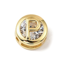 Letter P Латунные микро проложить кубического циркония многожильных ссылки, плоские круглые с буквы, реальный 18 k позолоченный, Письмо P, 10x6.5 мм, отверстие : 5x3 мм
