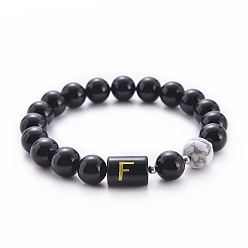 Letter F Bracelets extensibles en perles d'onyx noir naturel (teint et chauffé) et d'howlite (mm), bracelets alphabet, lettre f, 10 pouces (6.60 cm) ~16.76 pouces (8.50 cm)
