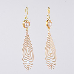 Pink Dangle Earrings, with Glass Pearl Beads, Brass Big Pendants, Brass Earring Hooks and Cardboard Packing Box, Teardrop, Pink, 85mm, Pin: 0.7mm