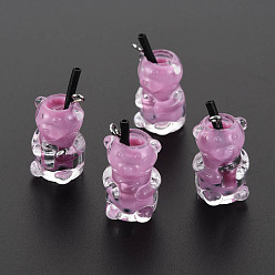 Орхидея Непрозрачные смоляные подвески, имитирующие чай с пузырьками, Полимерная глина внутри, с акриловой чашкой и железной фурнитурой, медведь, сиреневые, 24~32x14x13 мм, отверстие : 1.8 мм