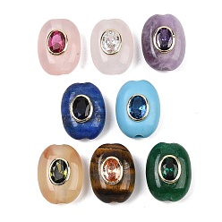 Mixed Color Natural & Synthetic Mixed Stone Beads, with Brass Micro Pave Cubic Zirconia, Flat Oval, Rack Plating, Long-Lasting Plated, Lead Free & Cadmium Free, Real 18K Gold Plated, Mixed Dyed and Undyed, Mixed Color, 20x15x10mm, Hole: 3mm