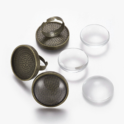 Antique Bronze DIY Ring Making, Vintage Adjustable Brass Ring Components, with Clear Glass Cabochons, Flat Round, Antique Bronze, Tray: 25mm, Ring: Size 8, 18mm, Cabochon: 24.5~25x6~7mm, 2pcs/set