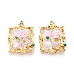 лаванда 304 подвески из нержавеющей стали и эмалированной смолы с имитацией жемчужного блеска, Прямоугольник с цветком, с целью перехода в кольце, ионное покрытие (ip), реальный 18 k позолоченный, лаванда, 26.5~27x20x5.5 мм, отверстие : 2.8 мм