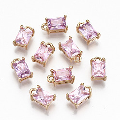 Розовый Латунь стекло горный хрусталь подвески, долговечный, без кадмия и без свинца, прямоугольные, золотой свет, светло-розовый, 10x6x4.5 мм, отверстие : 1.4 мм