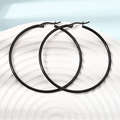 Black 201 Stainless Steel Hoop Earrings, with 304 Stainless Steel Pin, PVD Vacuum Plating, Black, 55.5x53x2mm