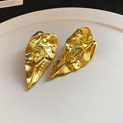 Golden Alloy Stud Earrings for Women, Leaf, Golden, 60x29mm