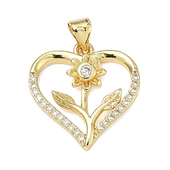 Настоящее золото 18K Подвески из латуни с микро-паве ко Дню святого Валентина, прозрачные циркониевые подвески, сердце с цветочными подвесками, без свинца и без кадмия, стойки покрытие, долговечный, реальный 18 k позолоченный, 21x20x3 мм, отверстие : 4x3.4 мм