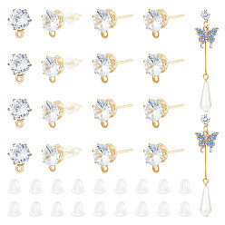 Настоящее золото 14K 12 пары латунных сережек-гвоздиков с кубическим цирконием, с горизонтальной петлей и 50пластиковыми ушными гайками, реальный 14 k позолоченный, 8x6x5.5 мм, отверстие : 1 мм, штифты : 0.7 мм