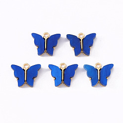 Blue Alloy Acrylic Pendants, Butterfly, Light Gold, Blue, 14x16.5x3mm, Hole: 1.6mm