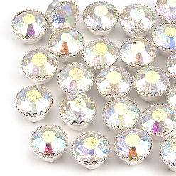 Хрусталь AB Шить на горный хрусталь, стекло горный хрусталь, с настройками латуни, аксессуары для одежды, плоско-круглые, серебряный цвет гальваническим, хрусталь AB, 8x5 мм, отверстие : 1.2 мм