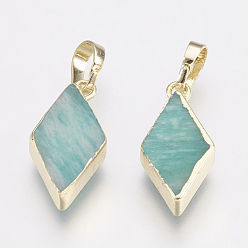 Золотой Природные подвески амазонит, с латунной фурнитурой , ромб, золотые, 18x9x4~4.5 мм, отверстие : 4x6 мм
