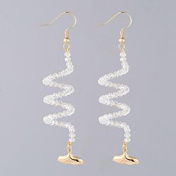 White Dangle Earrings, with Glass Beads, Golden Plated Brass Earring Hooks Findings & Fishtail  Shape Charms, Cardboard Boxes, White, 80mm, Pin: 0.7mm