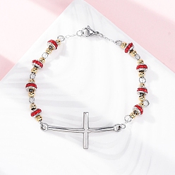 Светло-сиамский 201 из нержавеющей стали ссылку цепи браслеты, с 304 застежками из нержавеющей стали и стразами, крестик, ионное покрытие (ИП) 304, Light Siam, 8-1/2~8-3/4 дюйм (21.7~23.3 см)